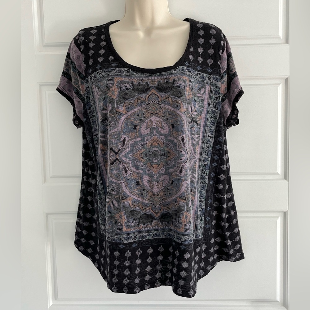 LUCKY BRAND Persian Carpet Print Scoop Short SLV Hi-Lo Boho Hippie-Chic Top 1X